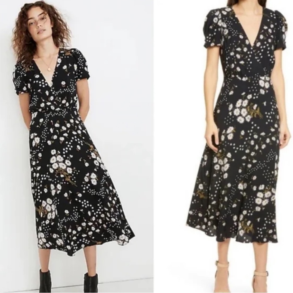 Madewell Puff-Sleeve Wrap-Front Midi Dress in Polka Daisies Size 2